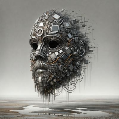 The primary subject of the image is a futuristic, mechanical head with a mix of human and electronic elements. The head is adorned with various electronic components, giving it a unique and intriguing appearance. The setting is a desolate, barren landscape, which contrasts with the advanced and complex nature of the mechanical head. The visual style of the image is a combination of digital art and illustration, creating a striking and imaginative scene. The colors and mood of the image are dark and moody, with the